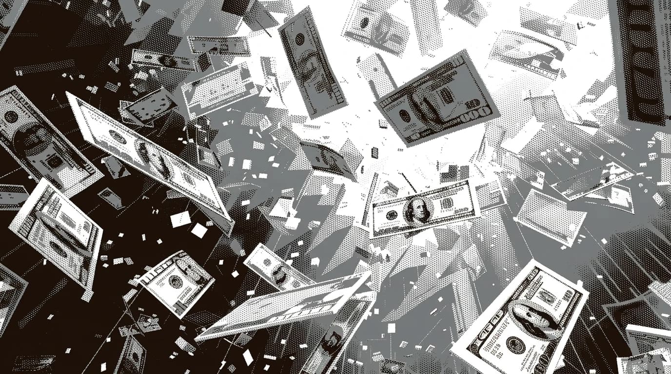 Halftone illustration of dollar bills bursting outward from a bright centre