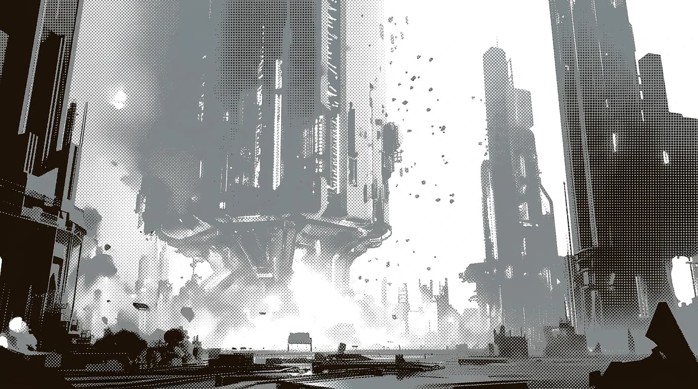 Halftone illustration of a city of towering circuit-covered buildings, with an explosion at the base of a giant structure